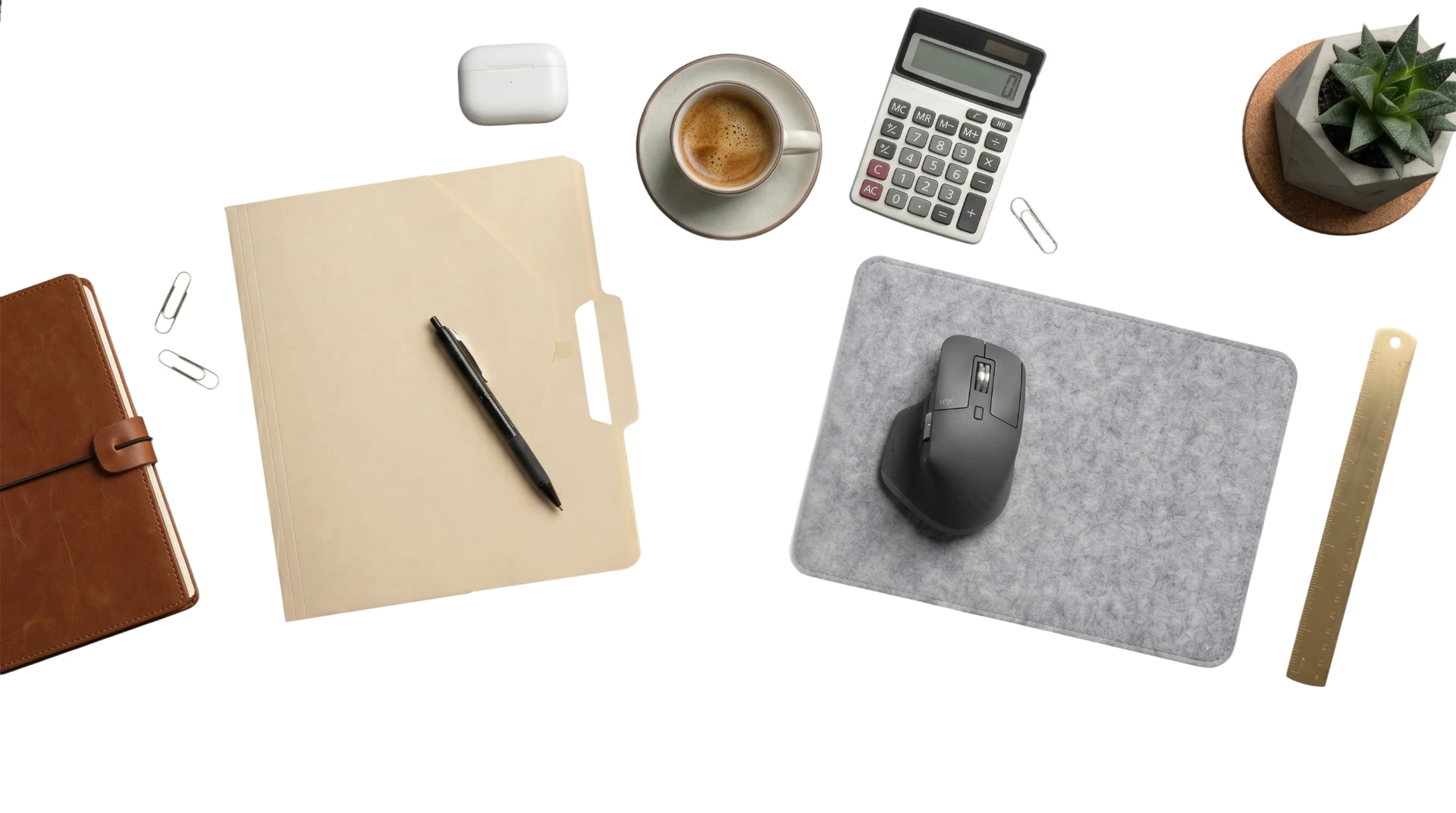 A neatly arranged desk with a notebook, coffee, calculator, mouse, plant, and everyday finance essentials